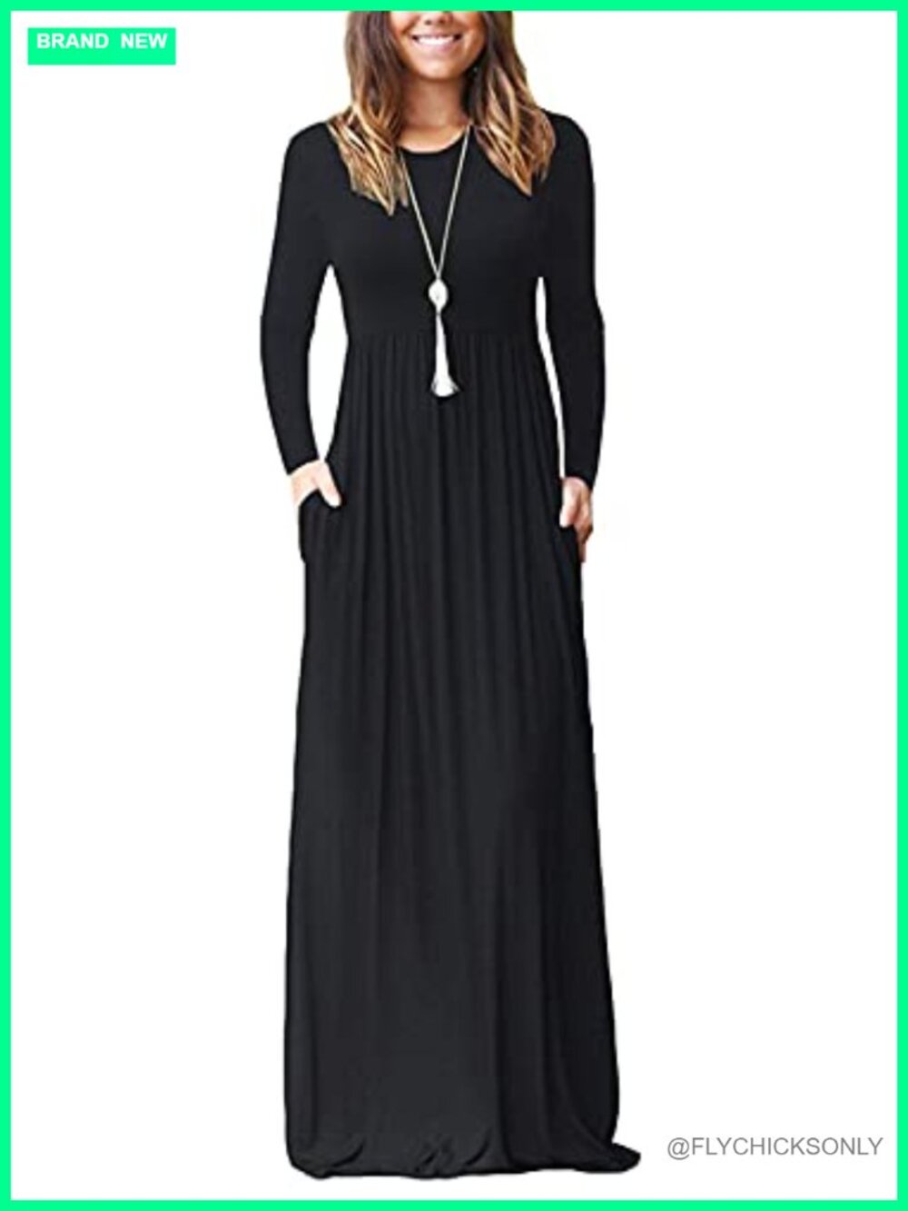 Long Sleeve Maxi Dress Casual Empire Waist Pockets Soft Stretch